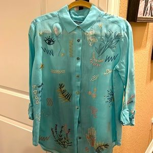 JOHNNY WAS LIGHT TURQUOISE BLOUSE. Long sleeves can be rolled up.